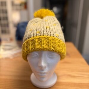 Jamont Knit Pom Beanie Mustard Yellow Cream Heart Pattern Winter Hat